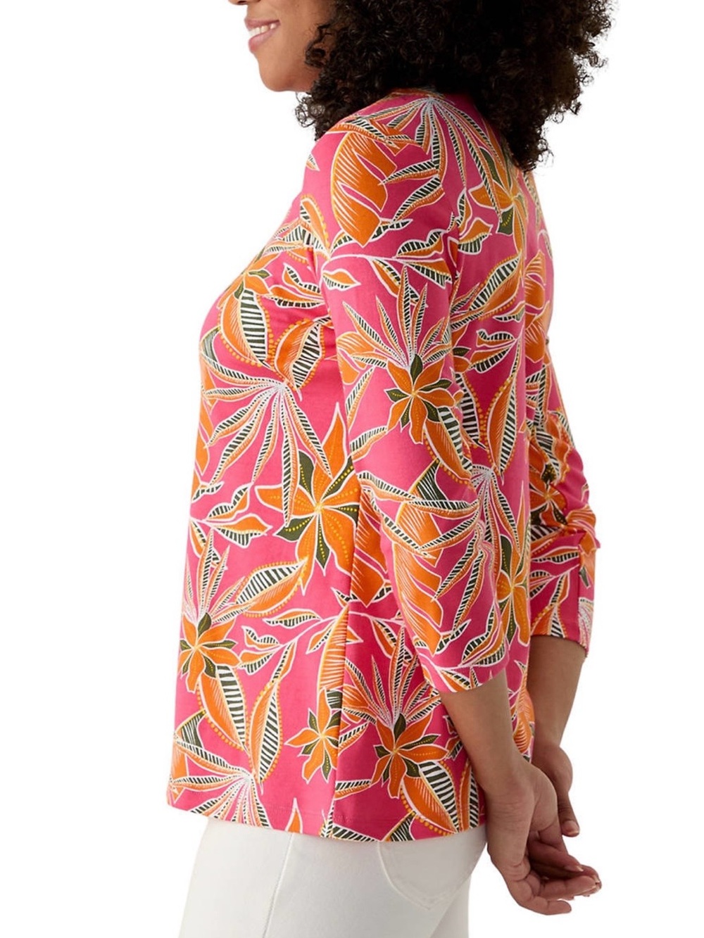 Tropical Pink & Orange Crew Neck Top “Floral Nature” by Kim Rogers Size XL & NWT - Picture 3 of 5
